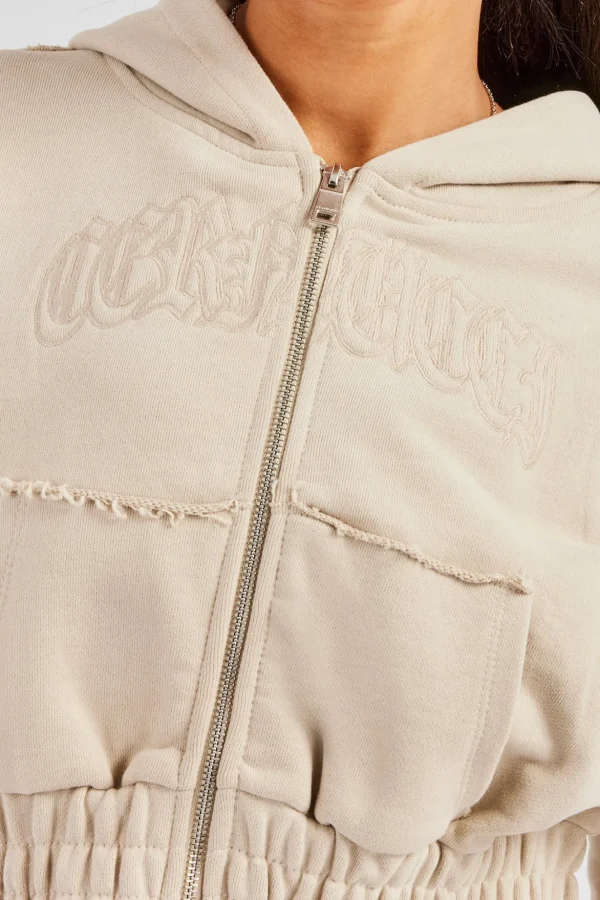 Cropped Exposed Seam  Zip Through Hoodie - Stone