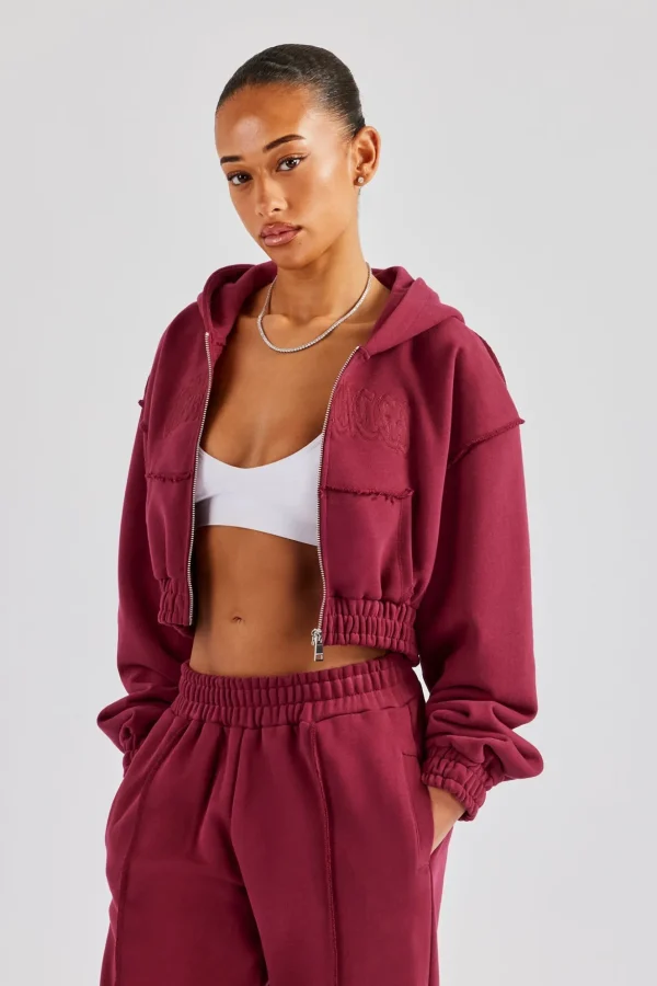 Cropped Exposed Seam  Zip Through Hoodie - Cherry Red