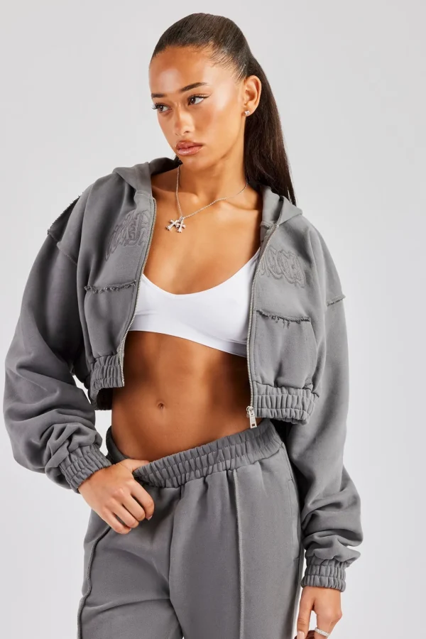 Cropped Exposed Seam  Zip Through Hoodie - Charcoal