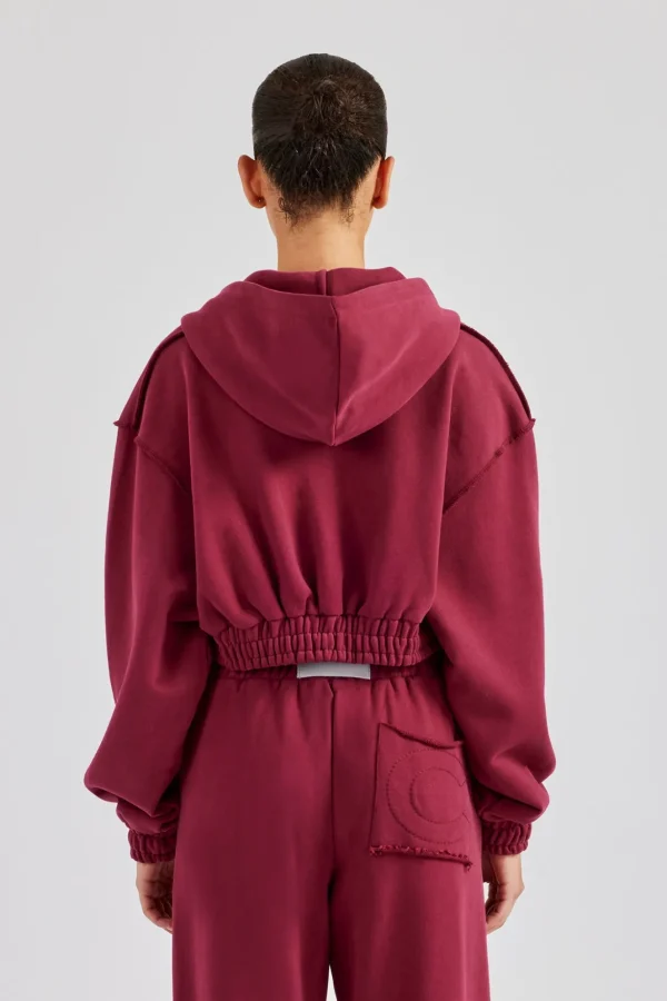 Cropped Exposed Seam  Zip Through Hoodie - Cherry Red