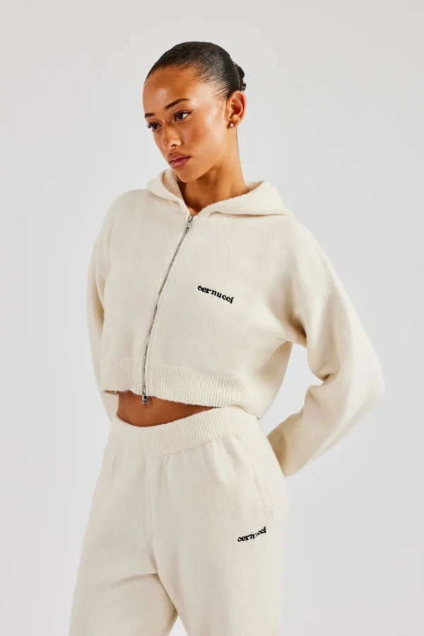 Cropped Knitted Zip Through Hoodie - Ecru