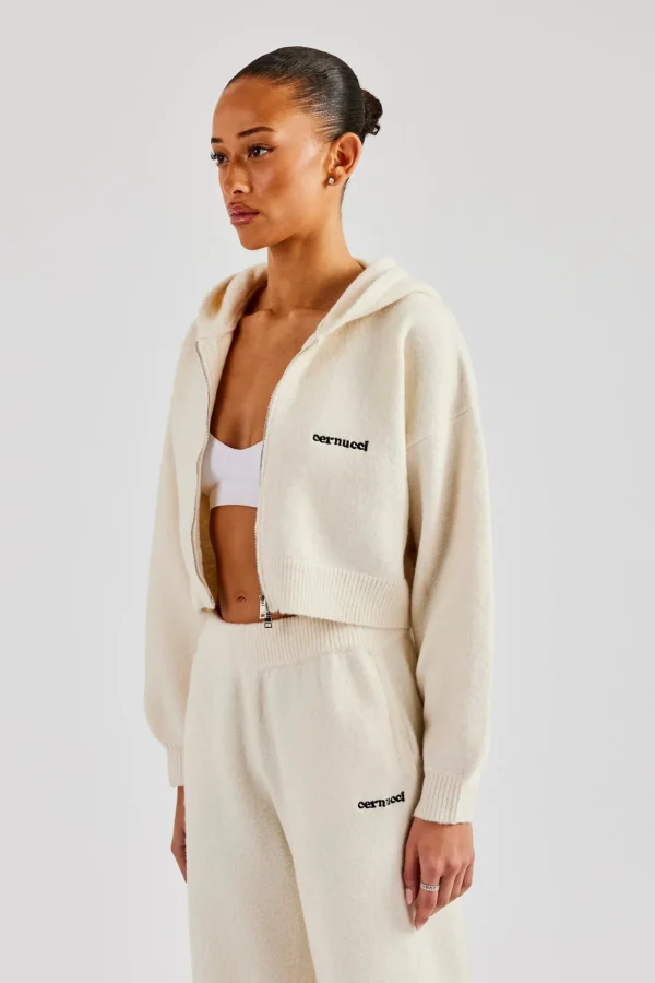 Cropped Knitted Zip Through Hoodie - Ecru