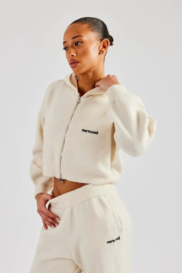 Cropped Knitted Zip Through Hoodie - Ecru