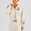 Cropped Washed Layered Applique Zip Hoodie - Off White