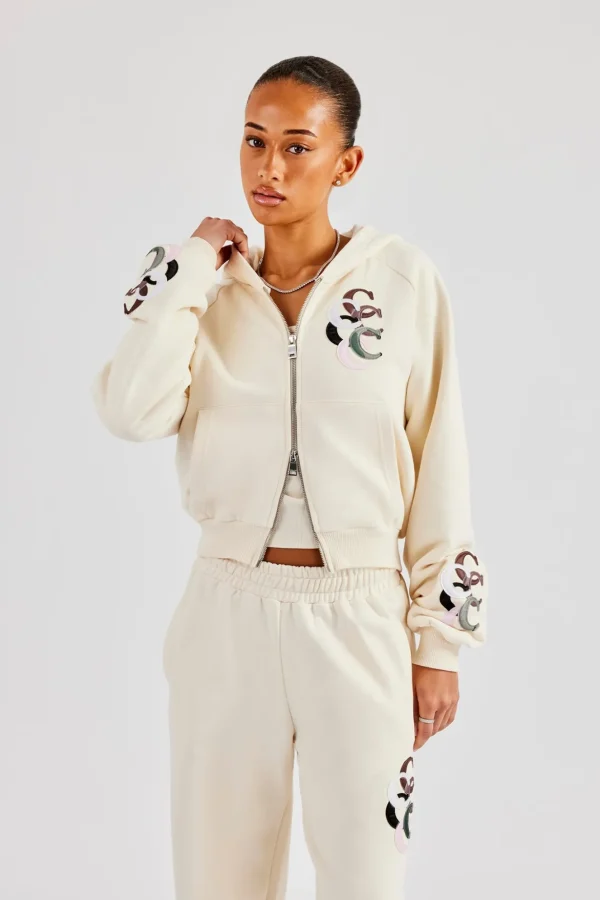 Cropped Washed Layered Applique Zip Hoodie - Off White