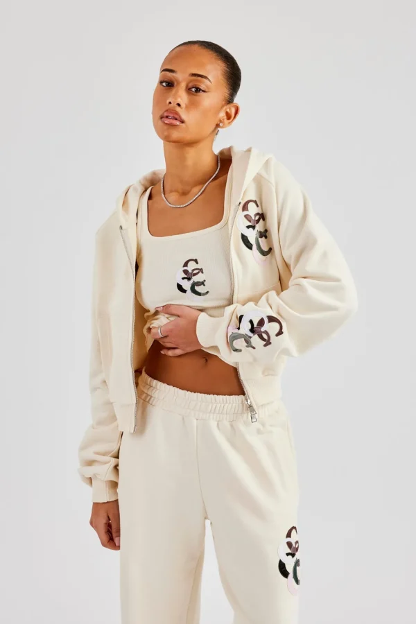 Cropped Washed Layered Applique Zip Hoodie - Off White