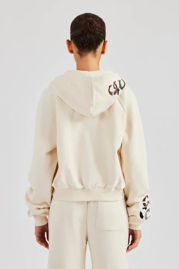 Cropped Washed Layered Applique Zip Hoodie - Off White