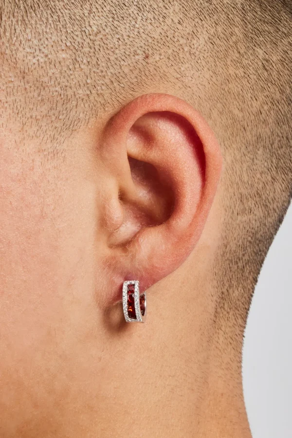 Dark Red Baguette Huggie Earrings - 4mm