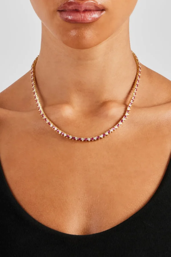 Deep Pink & Clear Heart Tennis Chain - 3mm - Gold