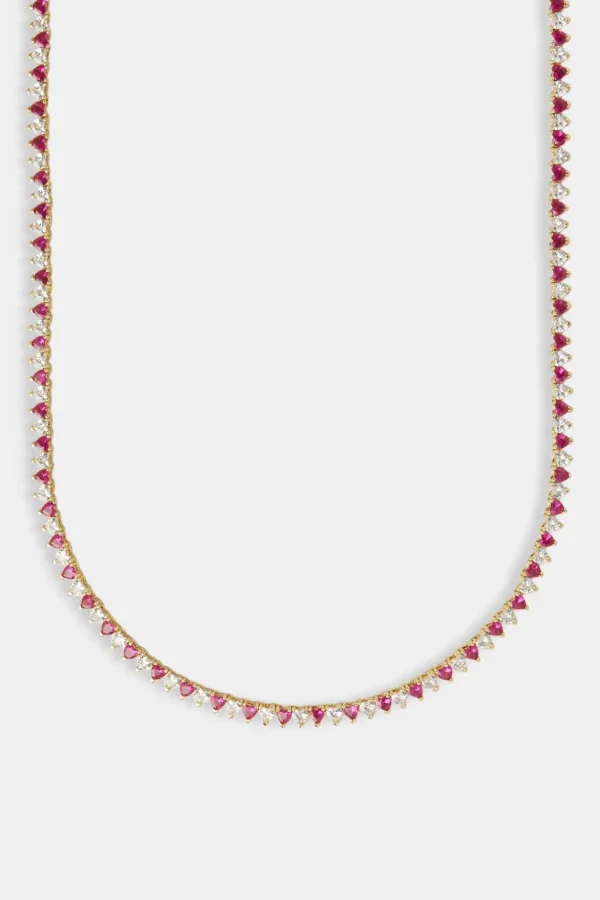 Deep Pink & Clear Heart Tennis Chain - 3mm - Gold