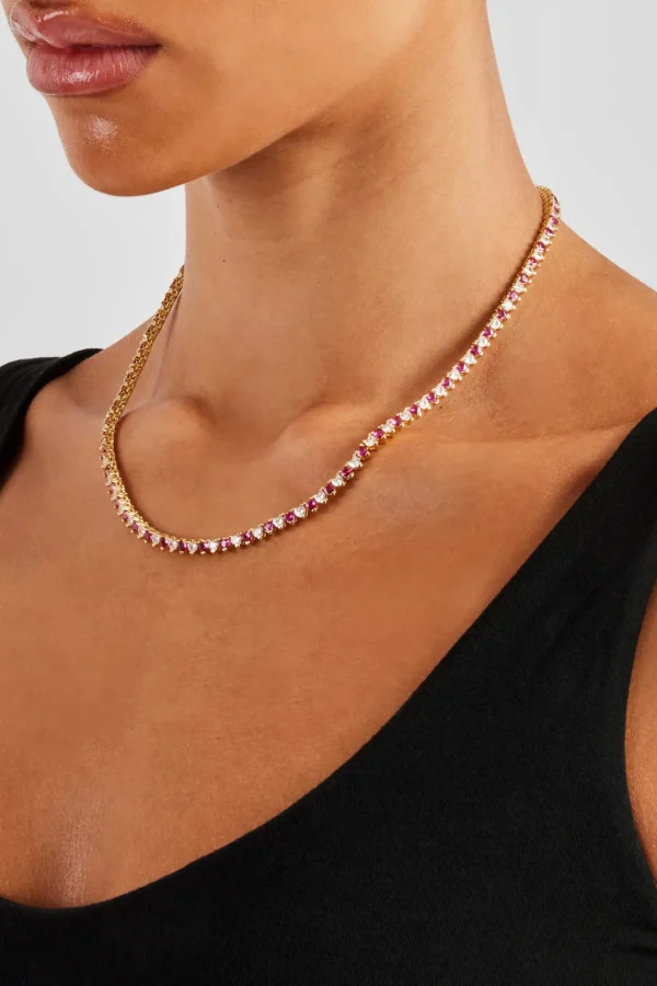 Deep Pink & Clear Heart Tennis Chain - 3mm - Gold