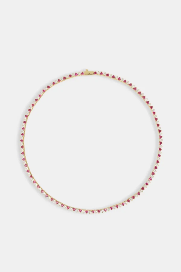 Deep Pink & Clear Heart Tennis Chain - 3mm - Gold