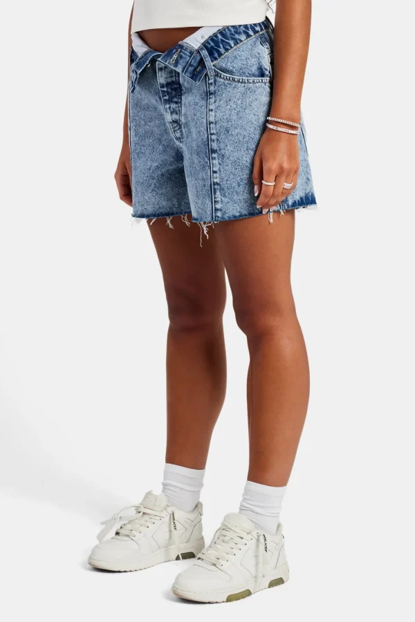 Denim Short With Turn Down Waistband - Iced Blue