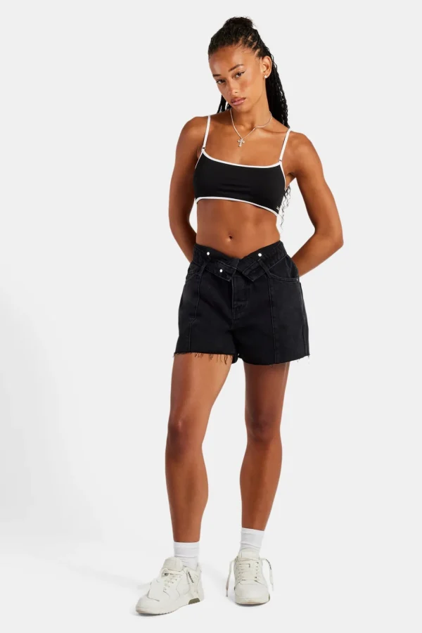 Denim Short With Turn Down Waistband - Washed Black