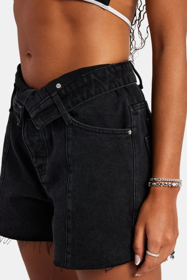 Denim Short With Turn Down Waistband - Washed Black