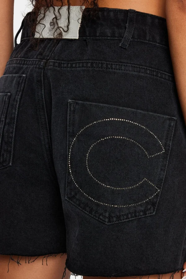 Denim Short With Turn Down Waistband - Washed Black