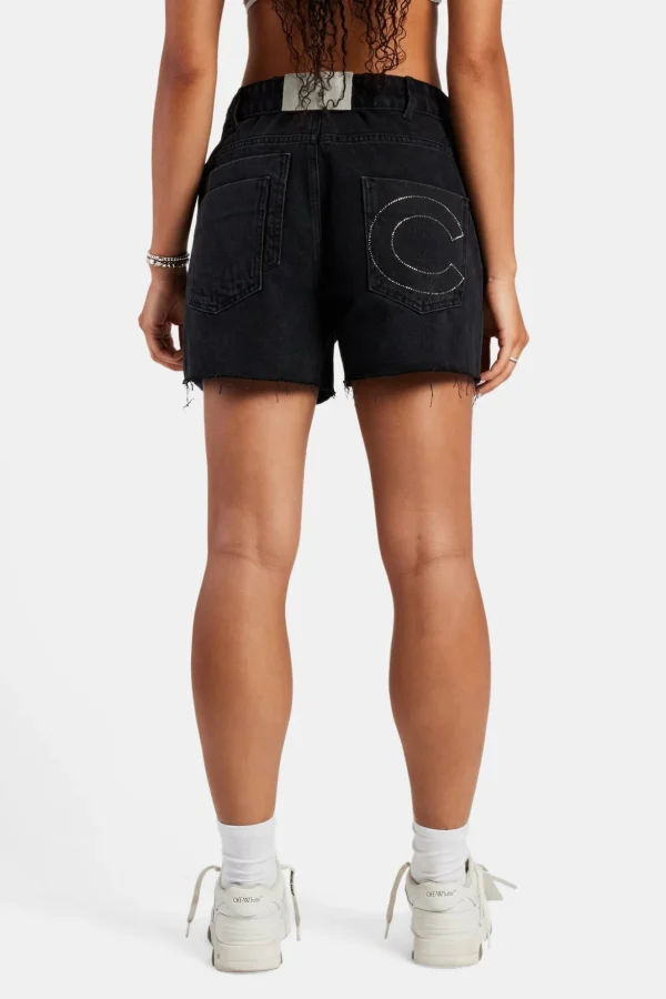 Denim Short With Turn Down Waistband - Washed Black