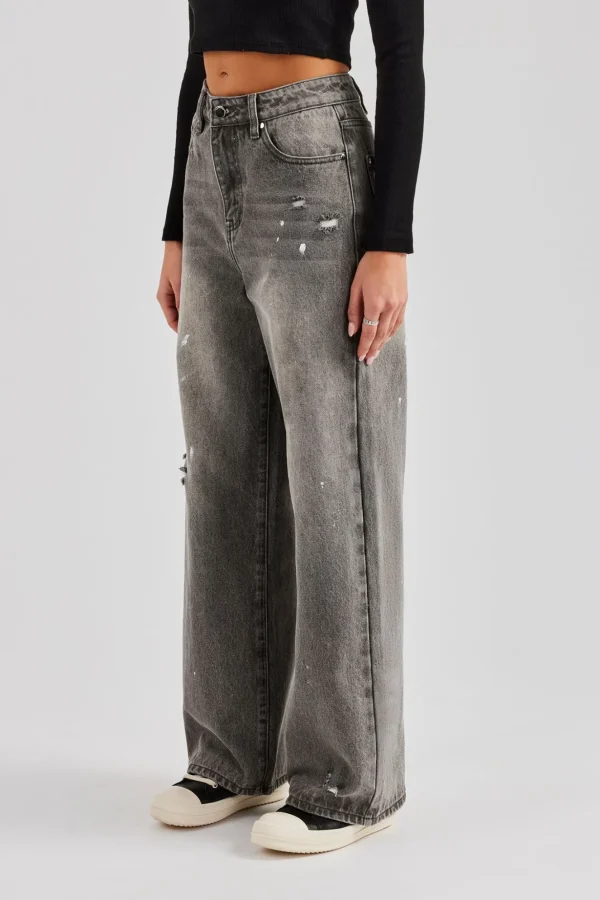 Distressed Paint Splatter Baggy Jean - Washed Grey