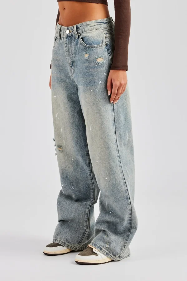 Distressed Paint Splatter Baggy Jean - Antique Wash