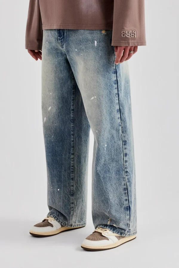 Distressed Paint Splatter Baggy Denim Jean - Antique Wash