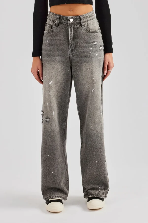 Distressed Paint Splatter Baggy Jean - Washed Grey