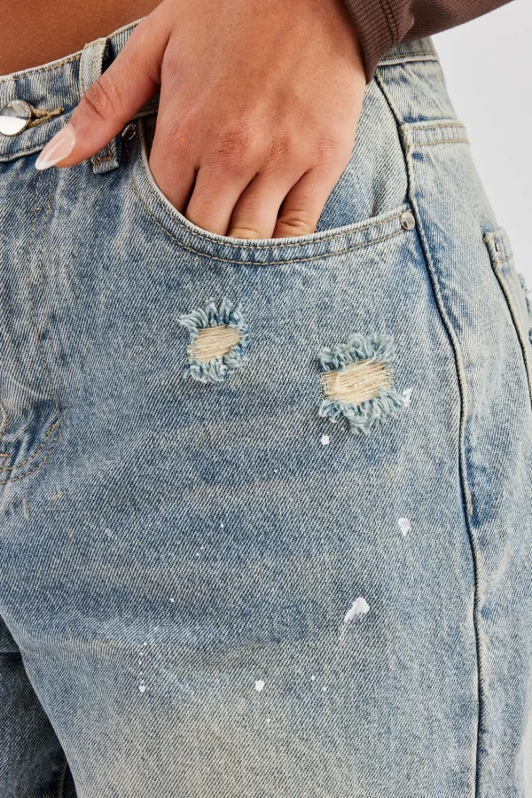 Distressed Paint Splatter Baggy Jean - Antique Wash