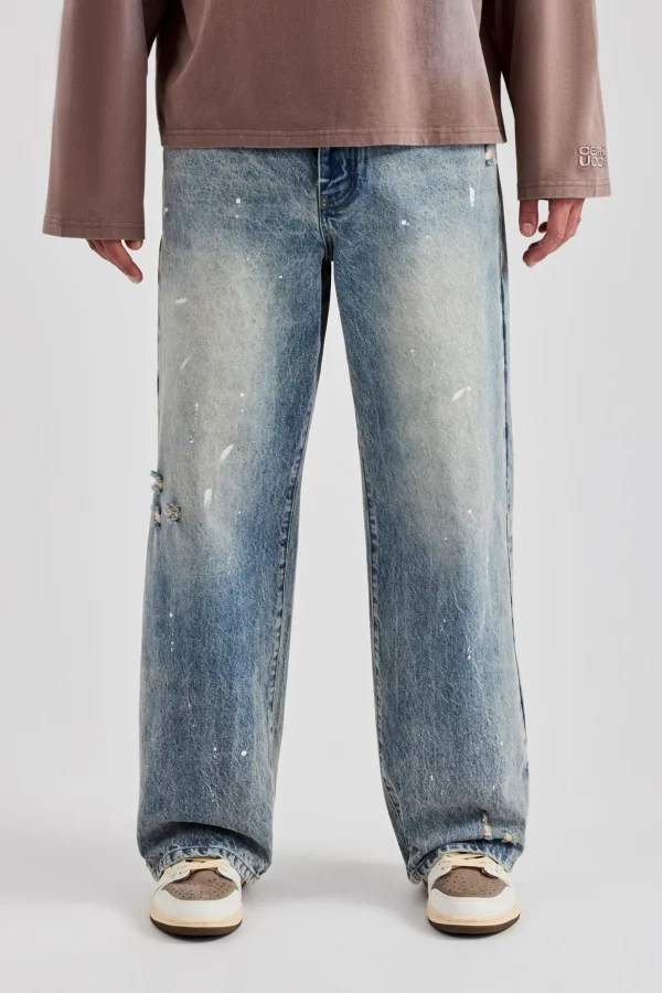 Distressed Paint Splatter Baggy Denim Jean - Antique Wash