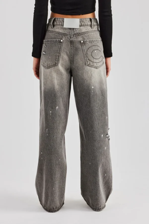 Distressed Paint Splatter Baggy Jean - Washed Grey