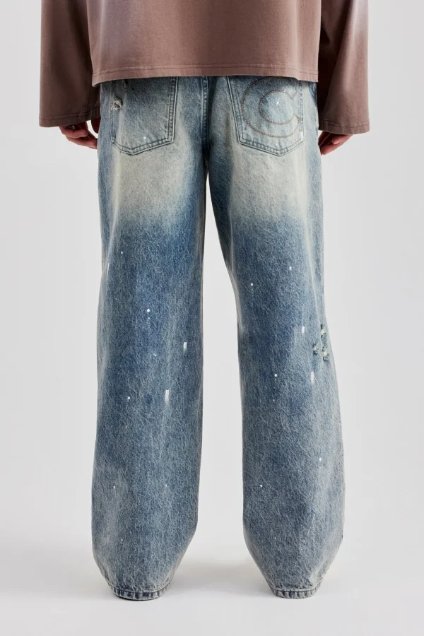 Distressed Paint Splatter Baggy Denim Jean - Antique Wash