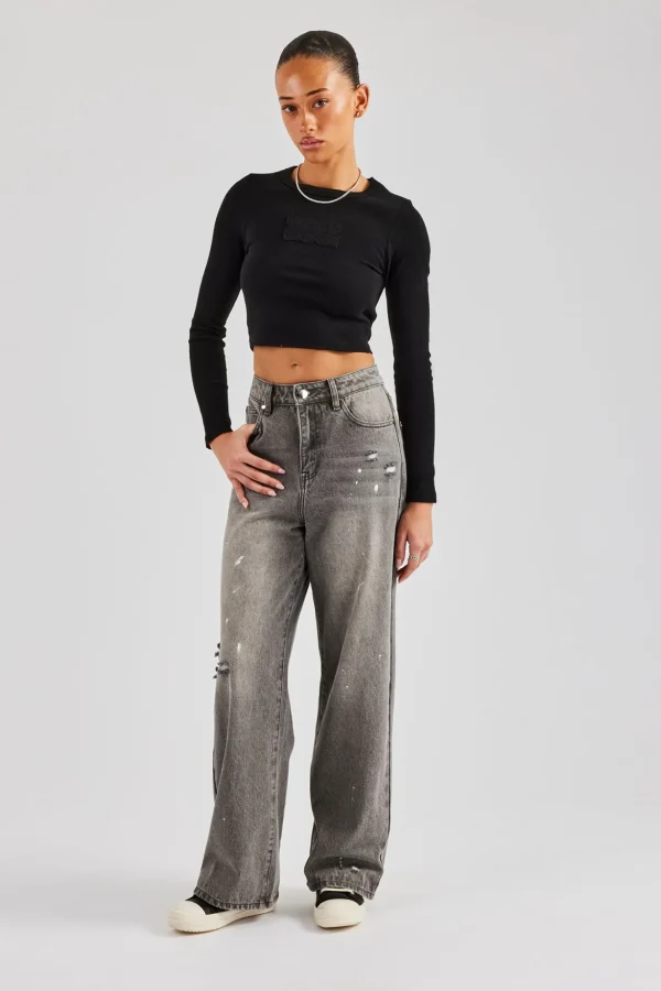 Distressed Paint Splatter Baggy Jean - Washed Grey