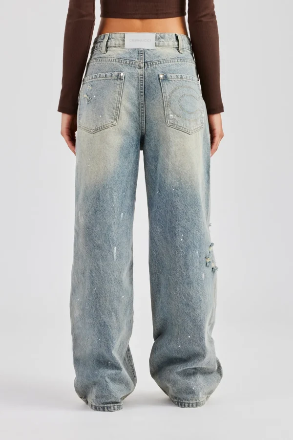 Distressed Paint Splatter Baggy Jean - Antique Wash