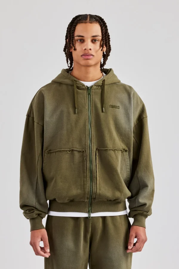 Distressed Zip Through Hoodie - Washed Green