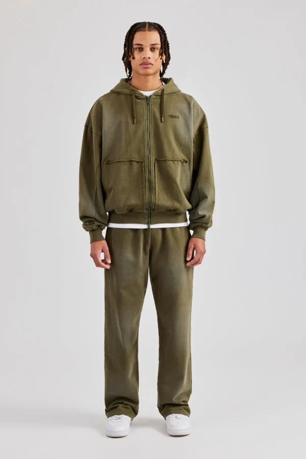 Distressed Zip Through Hoodie & Straight Leg Jogger - Washed Green