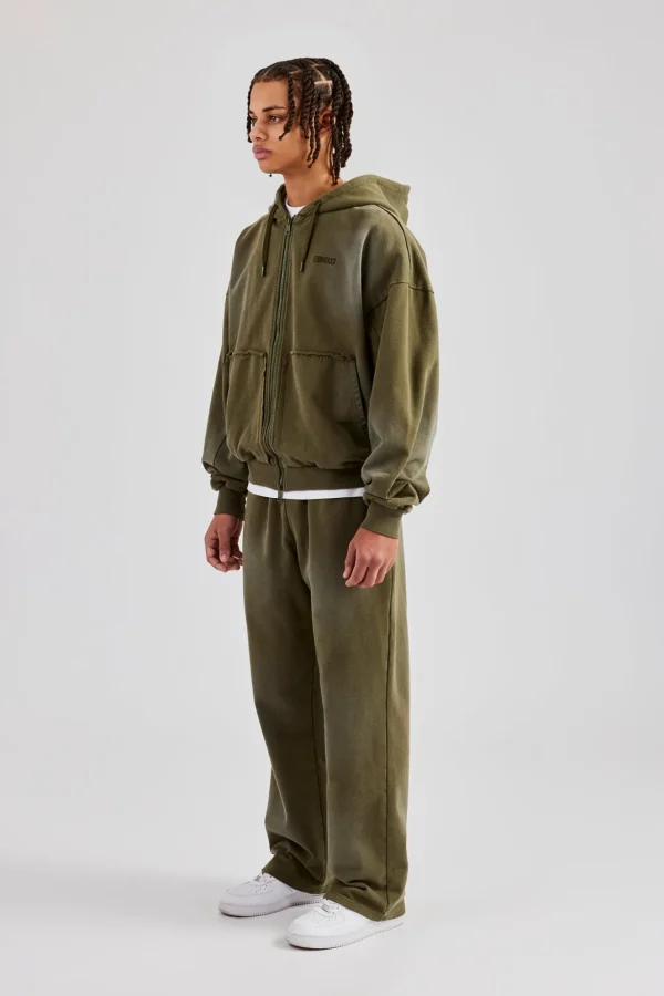 Distressed Zip Through Hoodie & Straight Leg Jogger - Washed Green