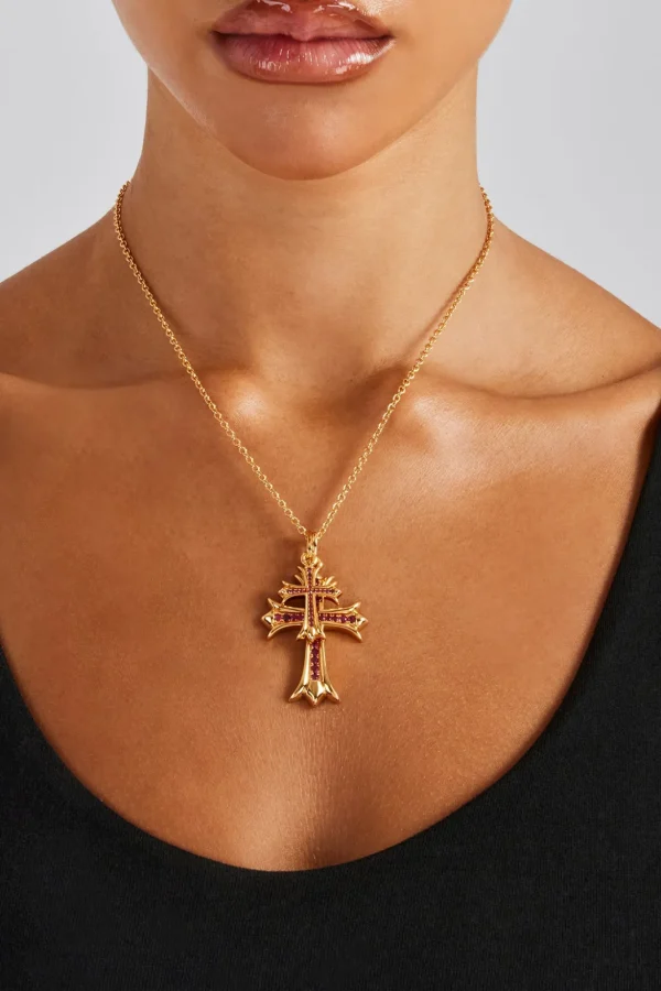 Double Cross Pink Iced Necklace - Gold 40 mm