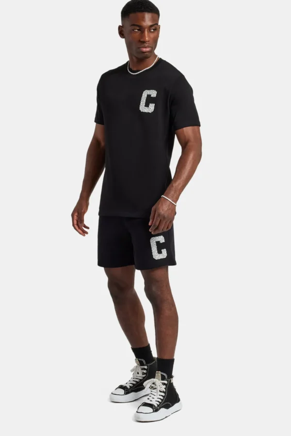 Embellished C T-Shirt & Short Set - Black