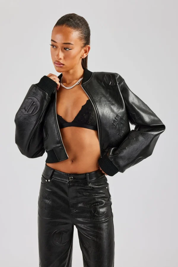 Embossed Cross PU Bomber Jacket - Black