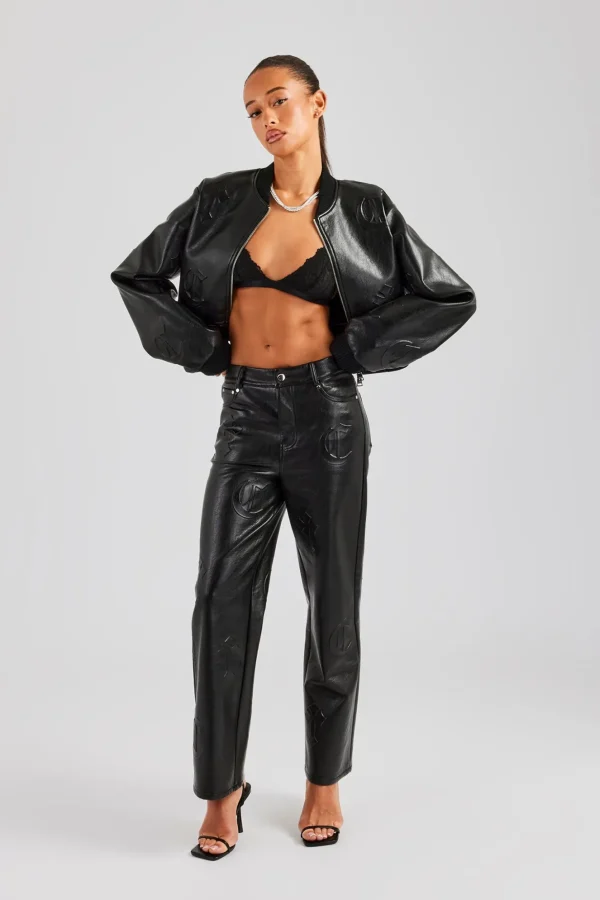 Embossed Cross PU Bomber & Straight Leg Trouser Set - Black