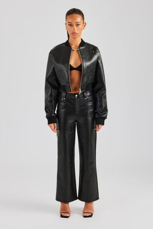 Embossed Cross PU Bomber & Straight Leg Trouser Set - Black