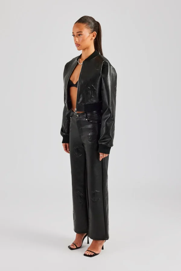 Embossed Cross PU Bomber & Straight Leg Trouser Set - Black