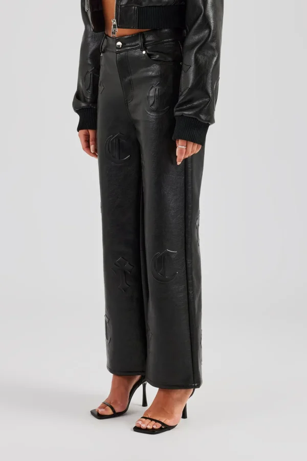 Embossed Cross Straight Leg PU Trouser - Black