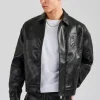 Embossed Motif PU Harrington Jacket - Black