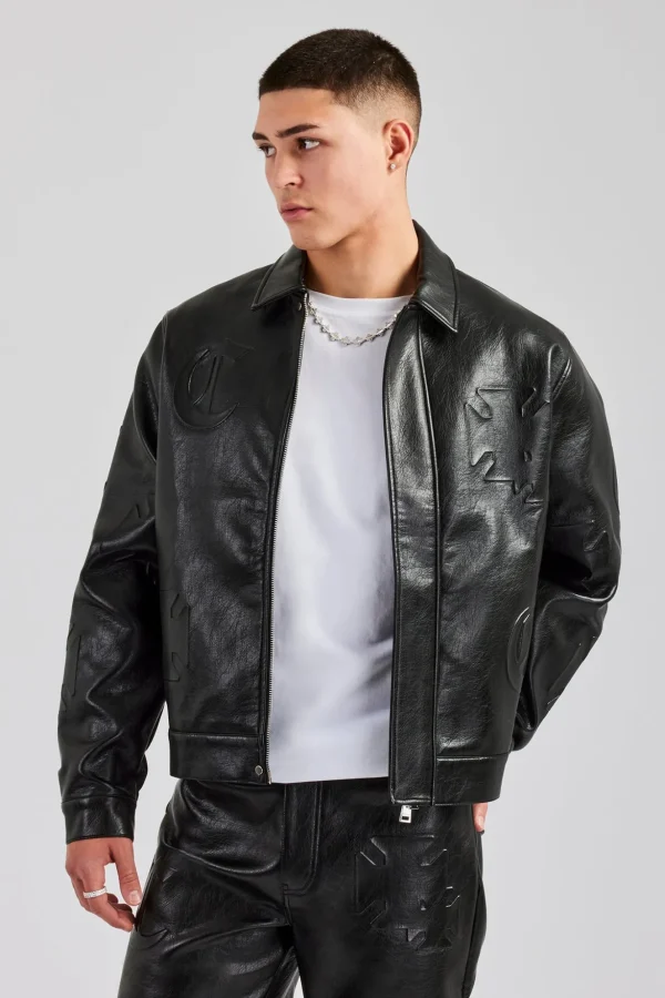 Embossed Motif PU Harrington Jacket - Black