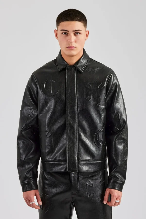 Embossed Motif PU Harrington Jacket - Black