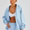 Embroidered C Zip Through Hoodie - Baby Blue