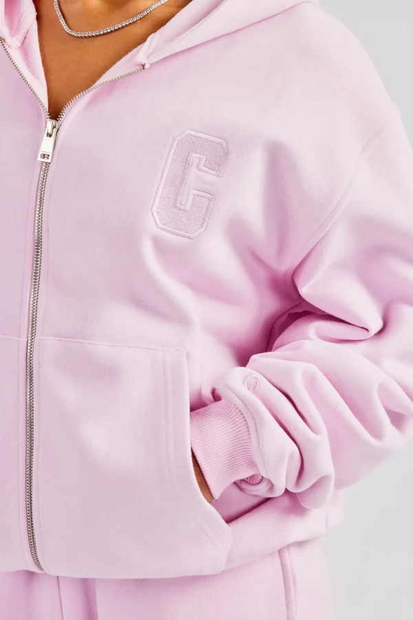 Embroidered C Zip Through Hoodie - Pink