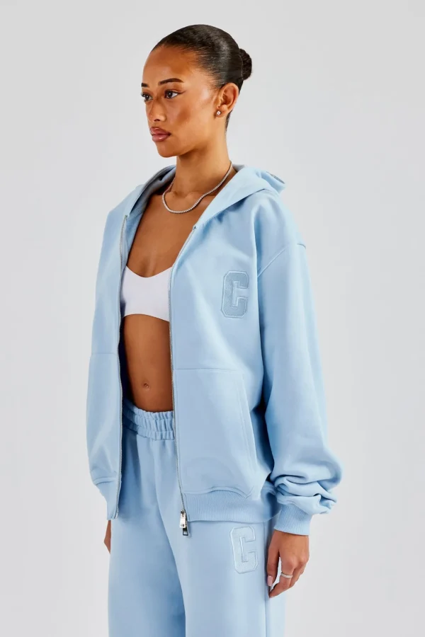 Embroidered C Zip Through Hoodie - Baby Blue