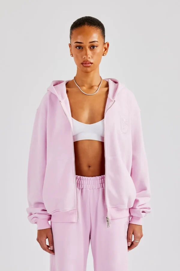 Embroidered C Zip Through Hoodie - Pink