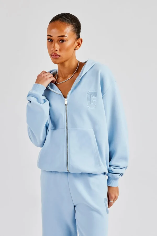 Embroidered C Zip Through Hoodie - Baby Blue