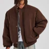 Embroidered Puffer Bomber Jacket - Chocolate